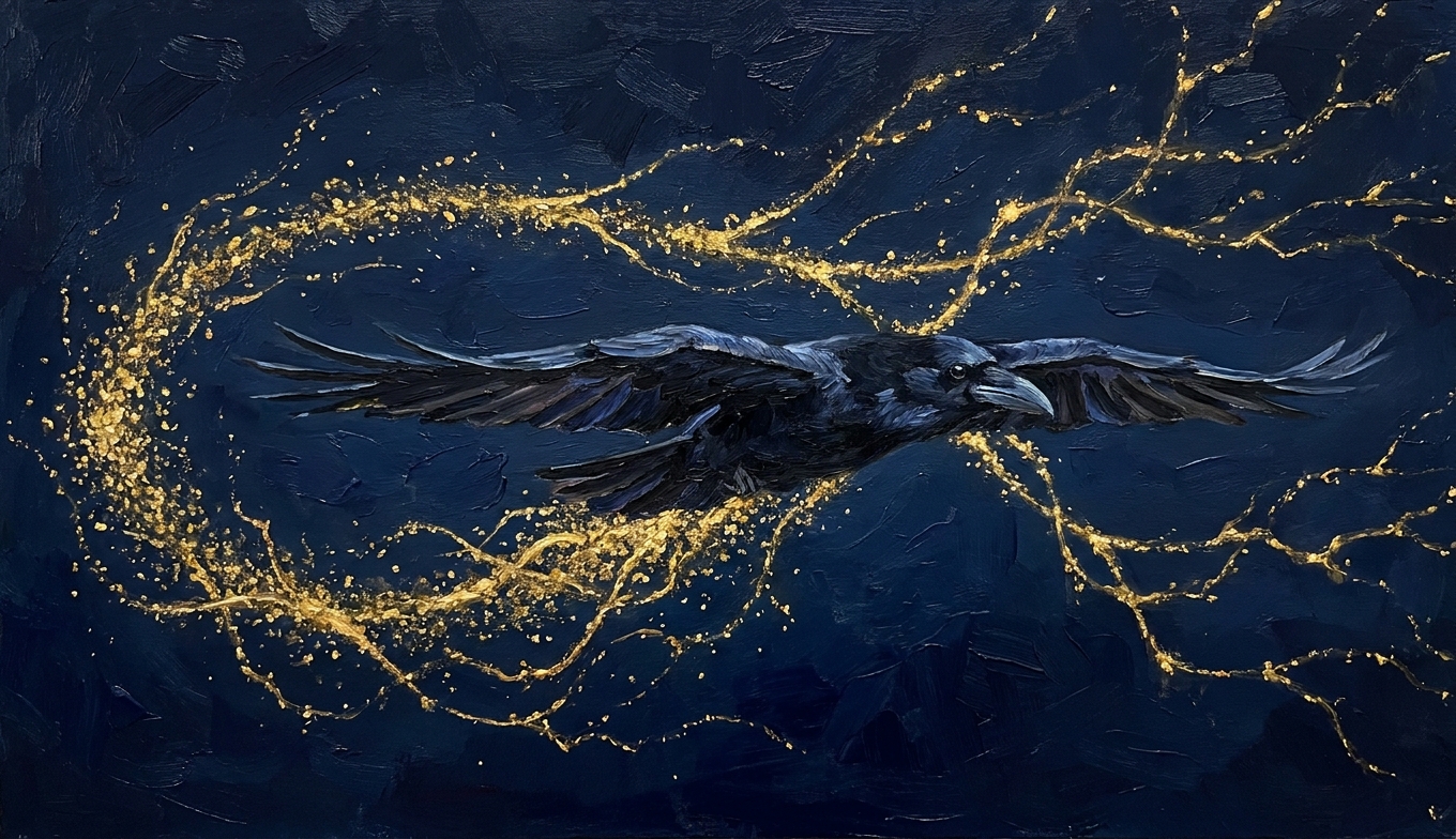 Raven with branching gold trails