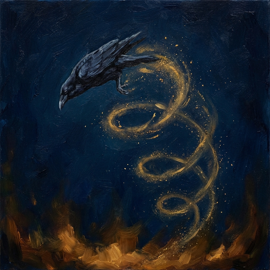 Raven mid-dive with gold helix